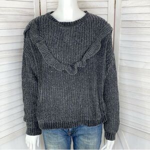 Just‎ Found Ruffle Detail Chenille Sweater Gray Medium Crew Neck Waffle Knit